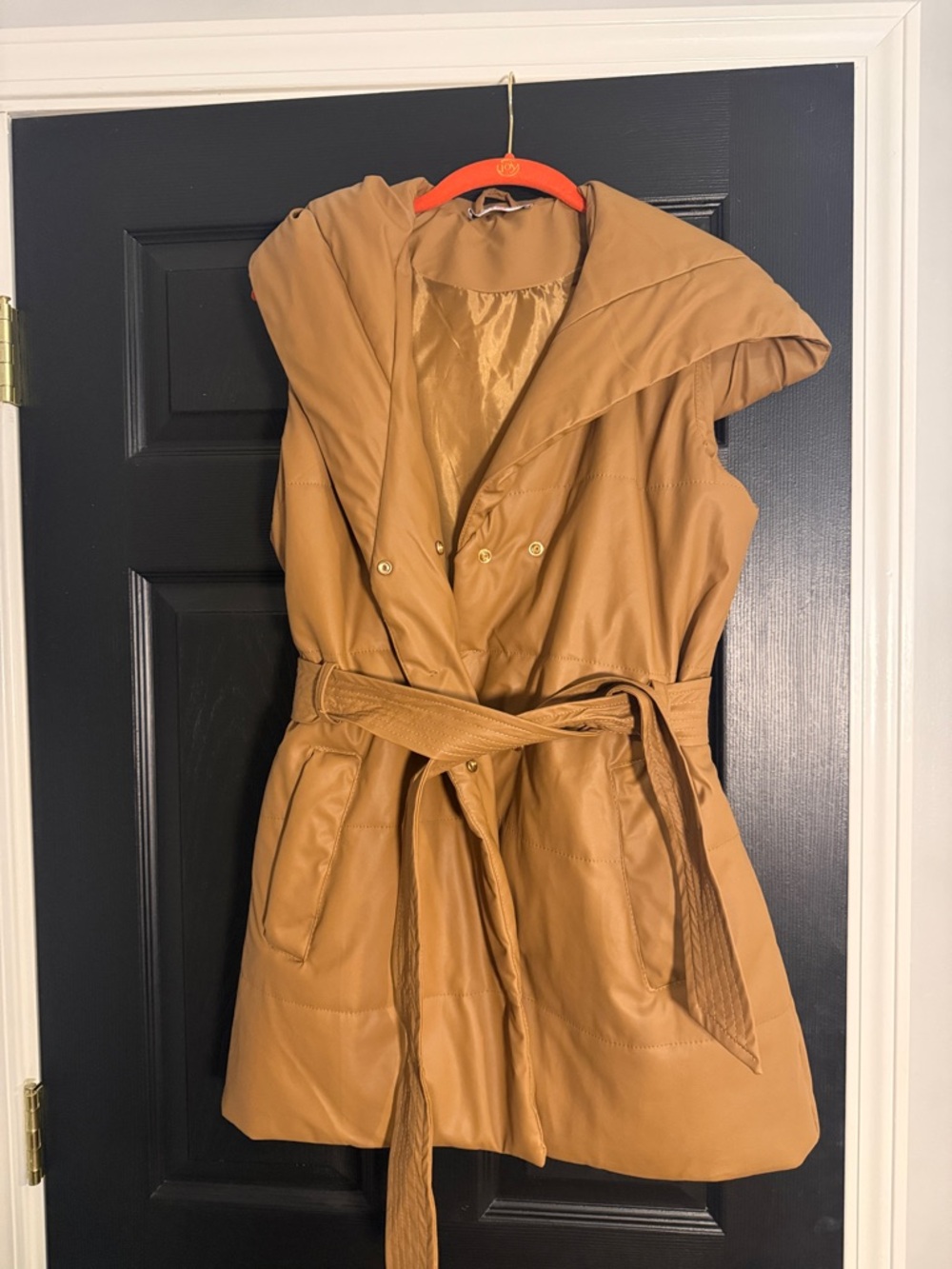 SWANK Camel Hooded Quilted Belted Vest